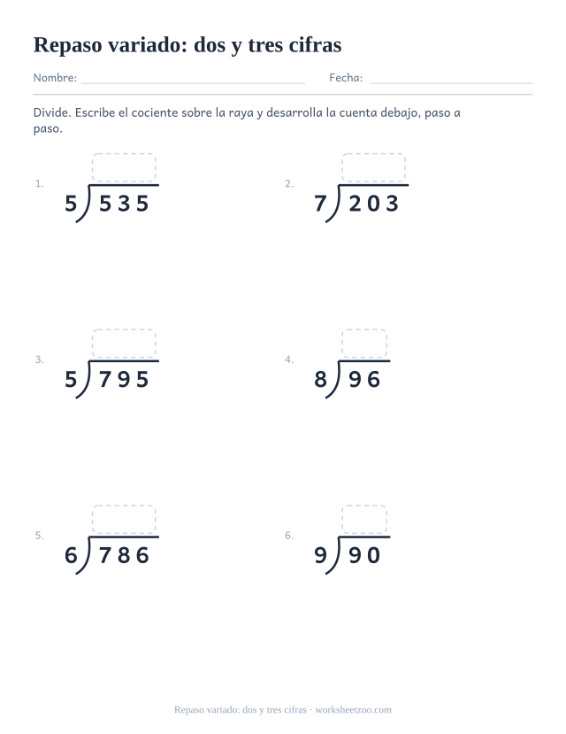 Ficha de repaso variado de división larga con dividendos de dos y tres cifras
