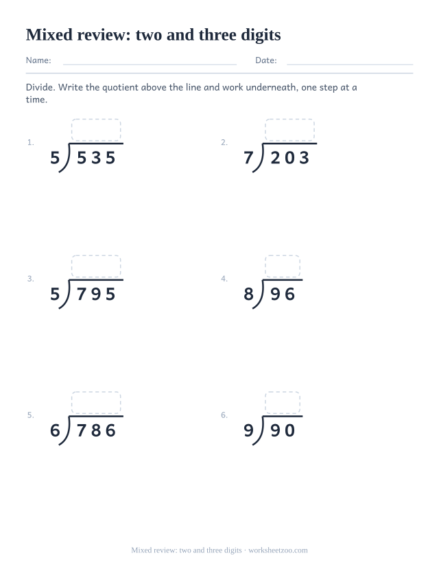 Mixed long division review worksheet with two and three digit dividends