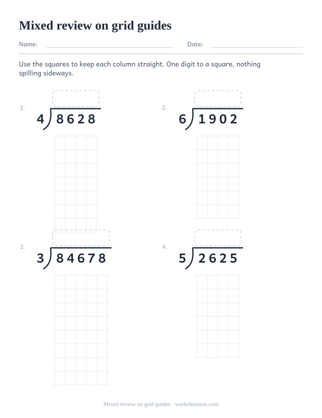 Grid-guided mixed long division review worksheet with four and five digit dividends