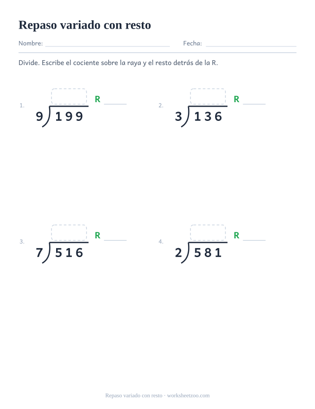 Ficha de repaso variado de división larga en la que todos los problemas dejan resto