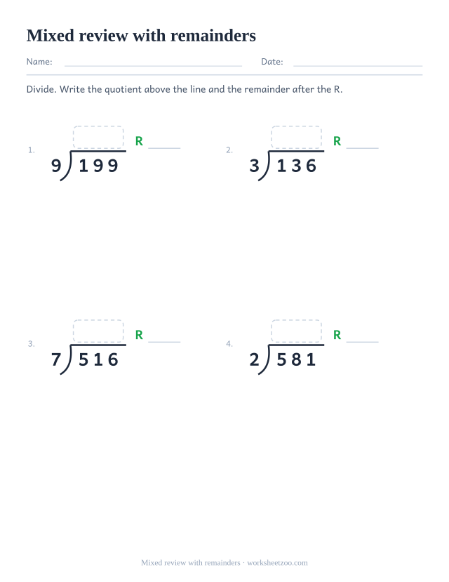 Mixed long division review worksheet where every problem leaves a remainder