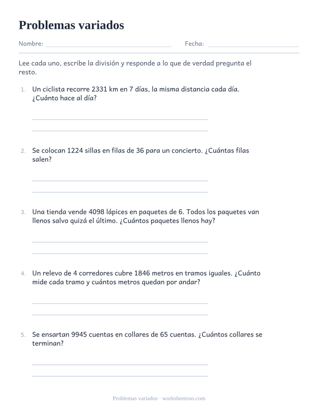 Ficha de problemas variados de división larga con divisores de una y de dos cifras