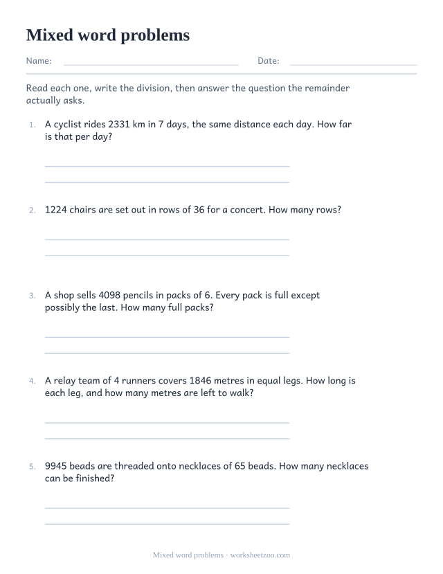 Mixed long division word problems worksheet with one and two digit divisors