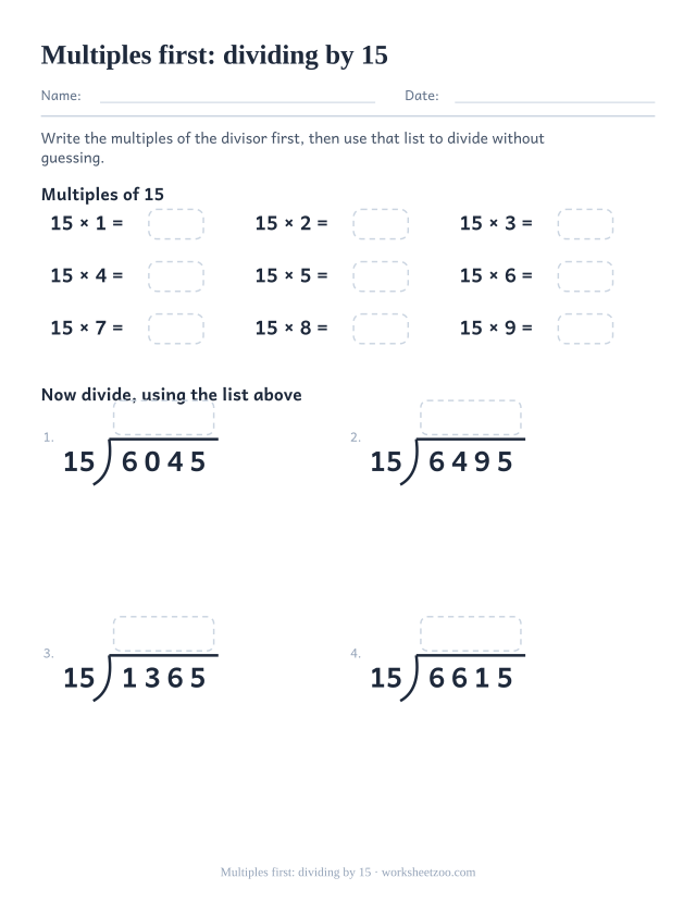 Long division worksheet building the multiples of fifteen before dividing four-digit numbers by 15