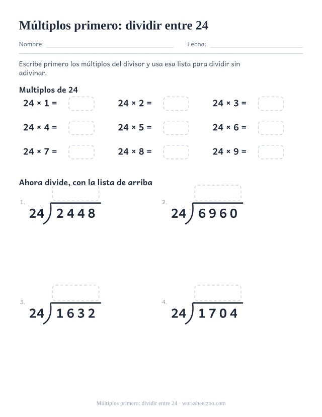 Ficha de división larga que escribe los múltiplos de veinticuatro antes de dividir números de cuatro cifras entre 24