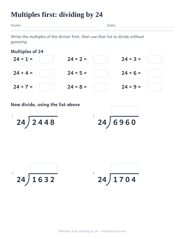 Long division worksheet building the multiples of twenty four before dividing four-digit numbers by 24