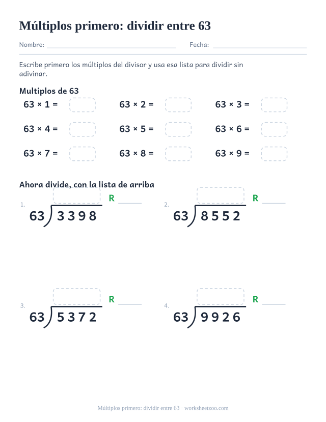 Ficha de división larga que escribe los múltiplos de sesenta y tres antes de dividir números de cuatro cifras entre 63