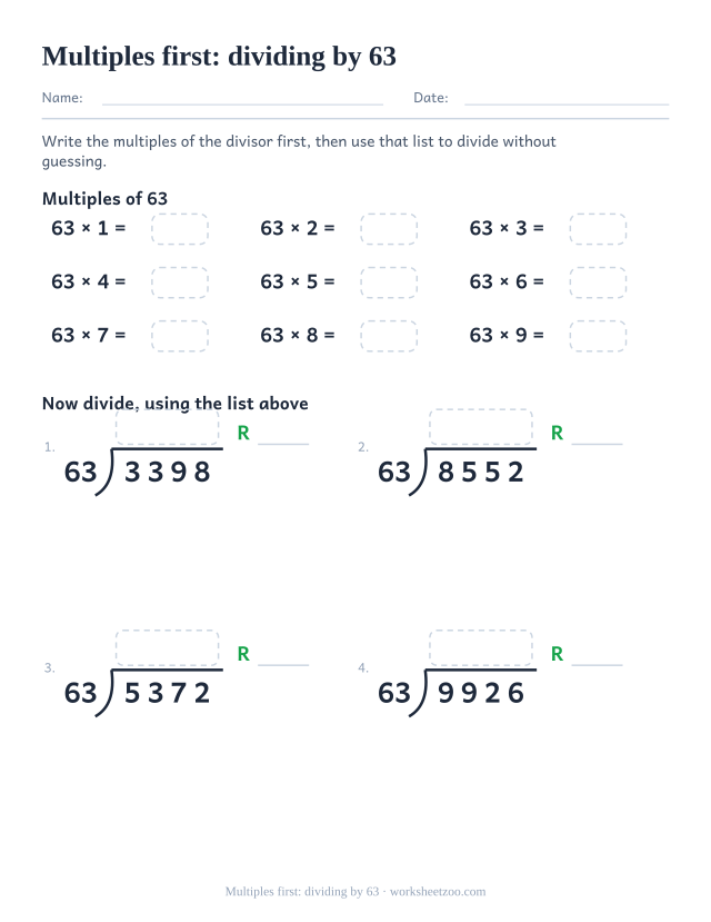 Long division worksheet building the multiples of sixty three before dividing four-digit numbers by 63