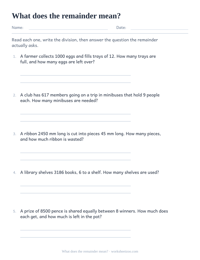 Long division word problems worksheet where the remainder has to be interpreted, not just written