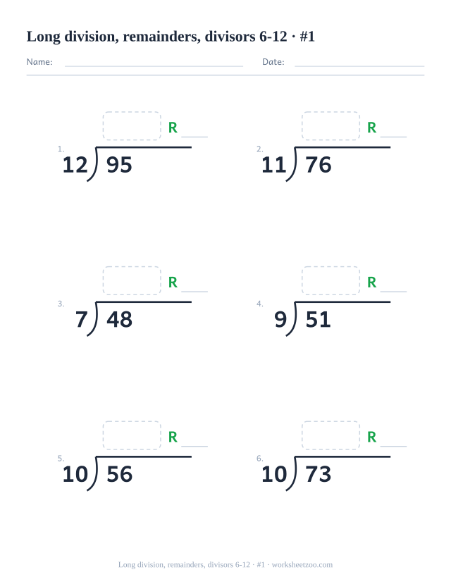 Long division with remainders worksheet using divisors from 6 to 12 and an R line