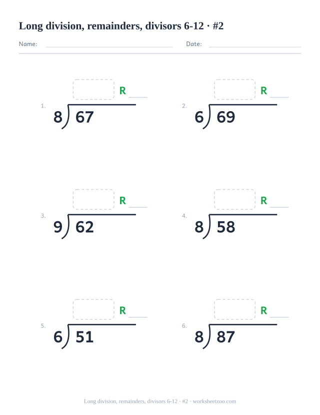 Second long division with remainders worksheet with divisors up to 12