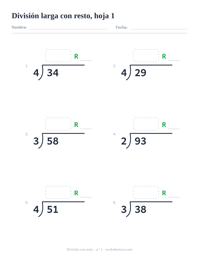 Ficha de división larga con resto, dividendos de 2 cifras divididos por números del 2 al 5, 6 divisiones en caja con espacio para las cuentas, hoja 1