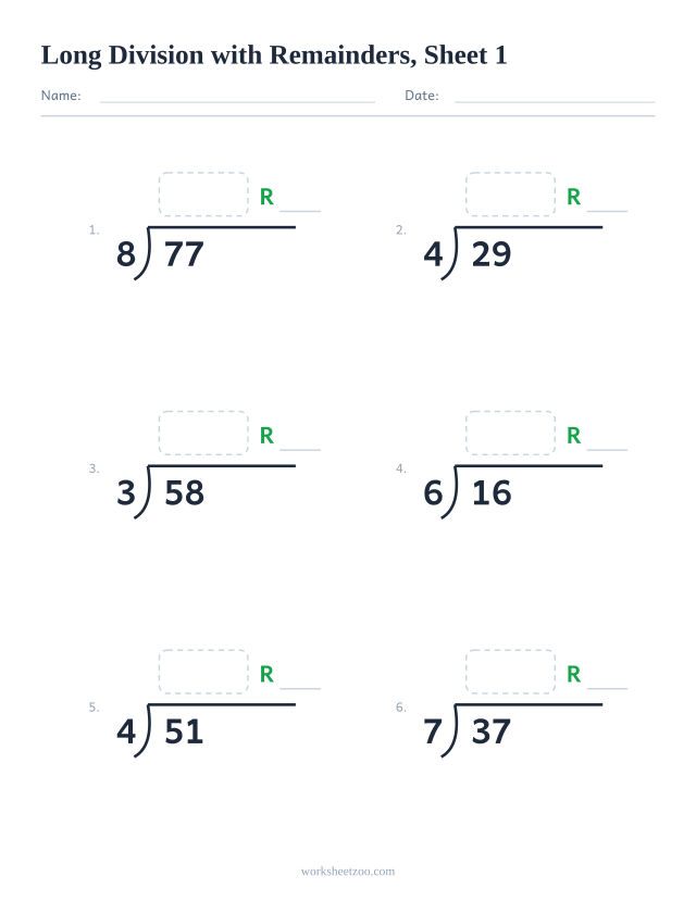 Long division worksheet, with remainders, 6 bracket problems with work space, sheet 1