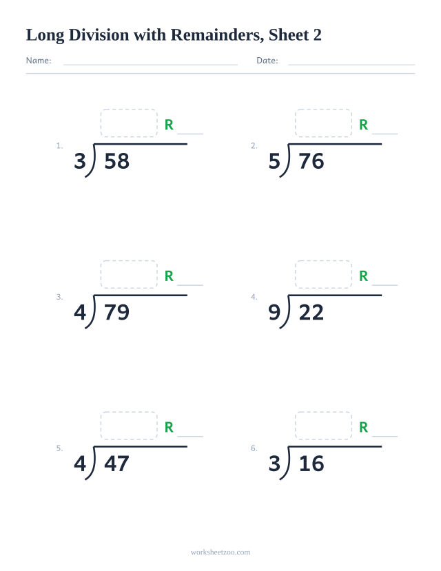 Long division worksheet, with remainders, 6 bracket problems with work space, sheet 2