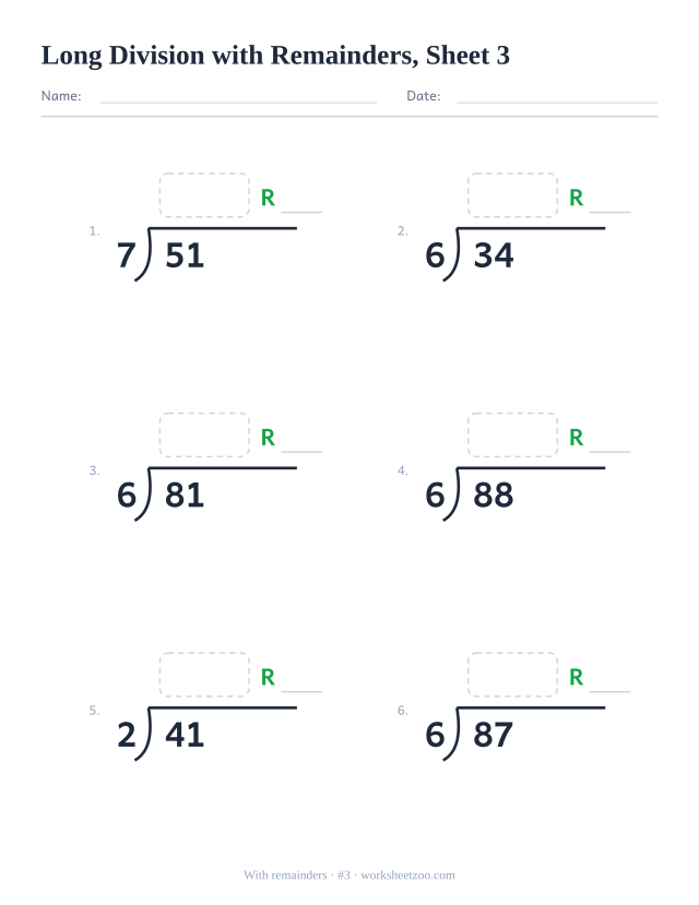 Long division worksheet with remainders, 2-digit dividends divided by 2 to 9, 6 bracket problems with work space, sheet 3