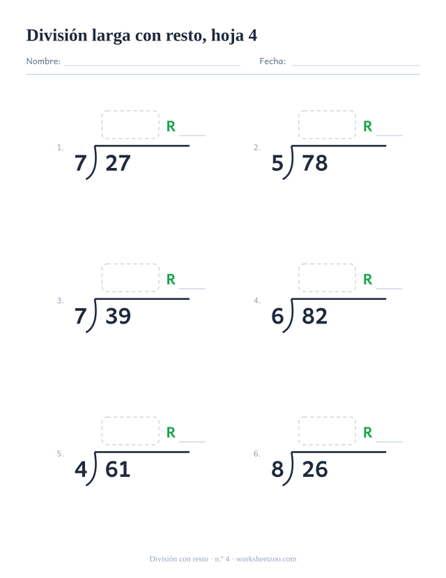 Ficha de división larga con resto, dividendos de 2 cifras divididos por números del 3 al 8, 6 divisiones en caja con espacio, hoja 4
