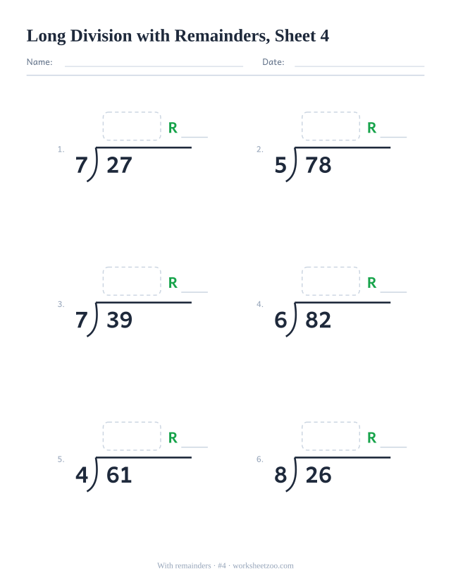 Long division worksheet with remainders, 2-digit dividends divided by 3 to 8, 6 bracket problems with work space, sheet 4