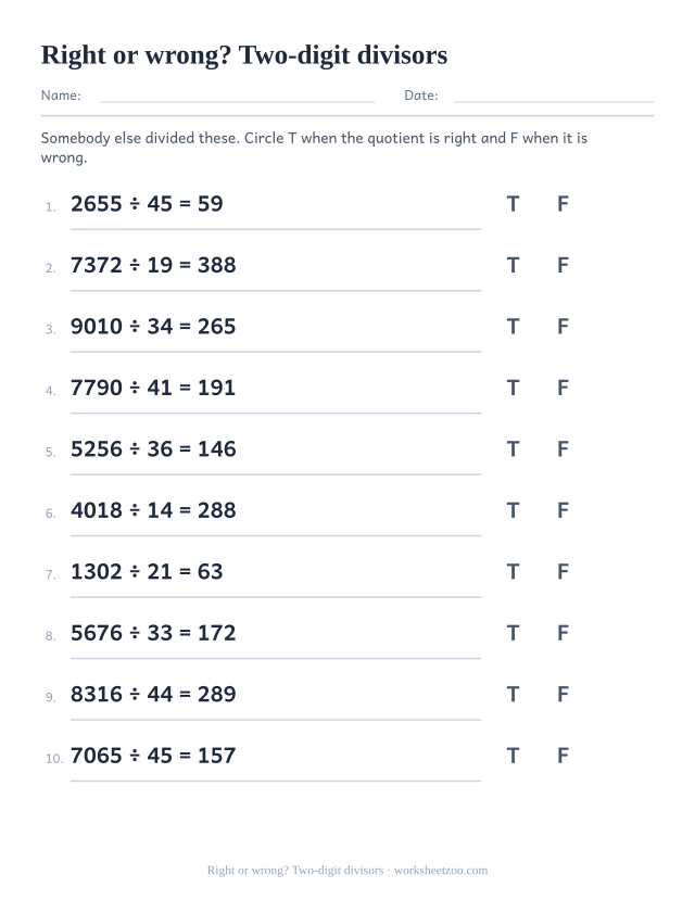 Long division worksheet checking whether two-digit divisor answers are correct