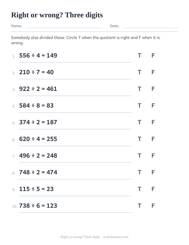 Long division worksheet marking three-digit division answers as true or false