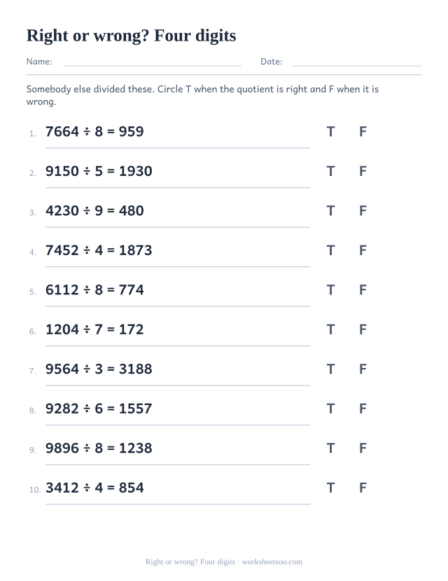 Long division worksheet marking four-digit division answers as true or false