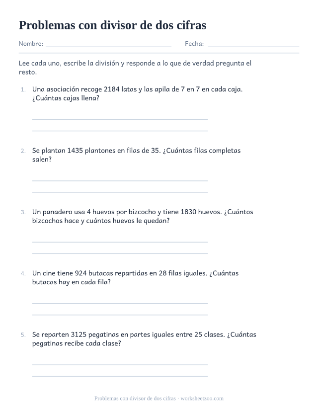 Ficha de problemas de división larga con divisores de dos cifras sobre cajas, filas, bizcochos y butacas