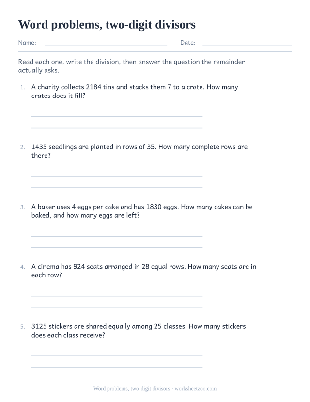 Long division word problems worksheet with two-digit divisors about crates, rows, cakes and seats