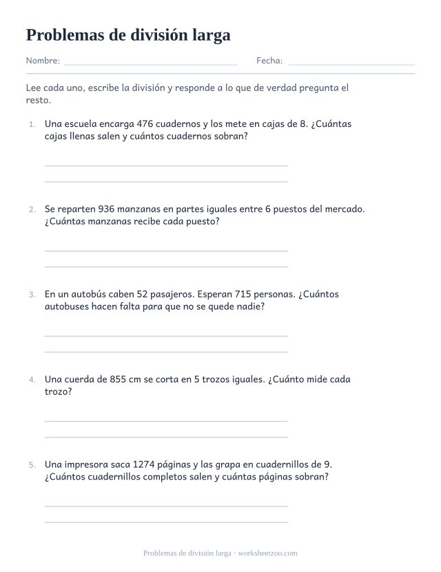 Ficha de problemas de división larga sobre cajas, manzanas, autobuses, cuerda y cuadernillos