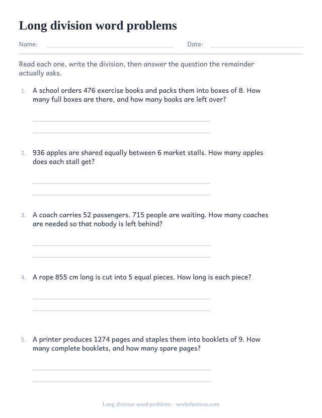 Long division word problems worksheet about boxes, apples, coaches, rope and booklets
