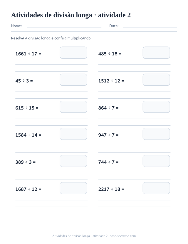 Prévia de Atividades de divisão longa, atividade 2 para imprimir