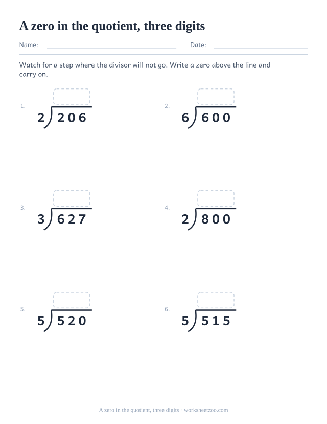 Long division worksheet where every quotient contains a zero in the middle