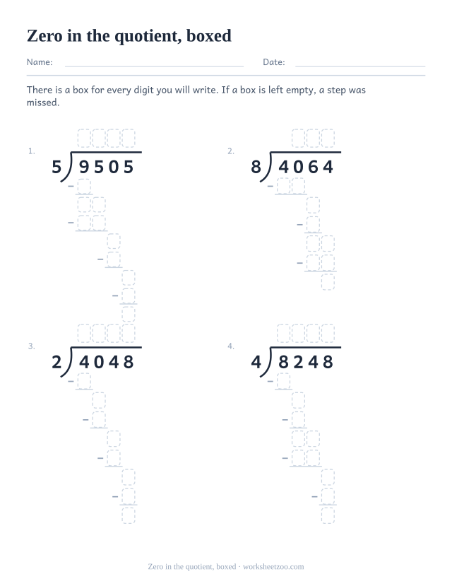 Boxed long division worksheet where a zero belongs in each quotient
