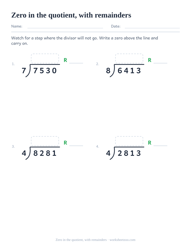 Long division worksheet combining a zero in the quotient with a remainder