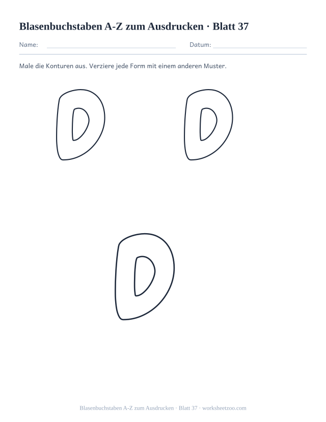 Vorschau: Blasenbuchstaben A-Z zum Ausdrucken, druckbares Arbeitsblatt 37