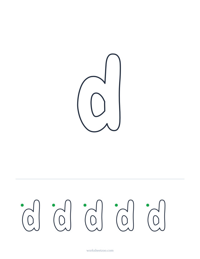 Printable lowercase bubble letter d, a big rounded outline letter to colour and trace