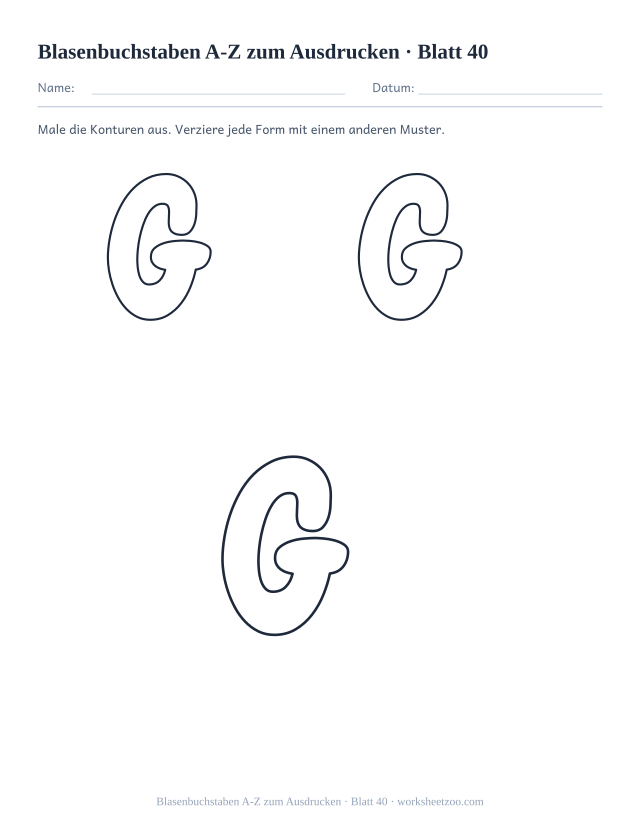Vorschau: Blasenbuchstaben A-Z zum Ausdrucken, druckbares Arbeitsblatt 40