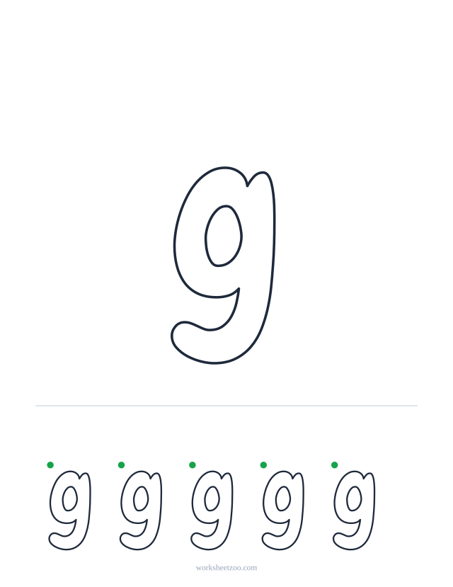 Printable lowercase bubble letter g, a big rounded outline letter to colour and trace