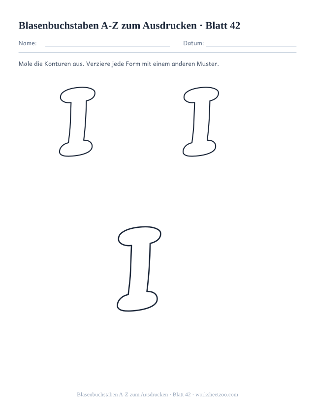 Vorschau: Blasenbuchstaben A-Z zum Ausdrucken, druckbares Arbeitsblatt 42