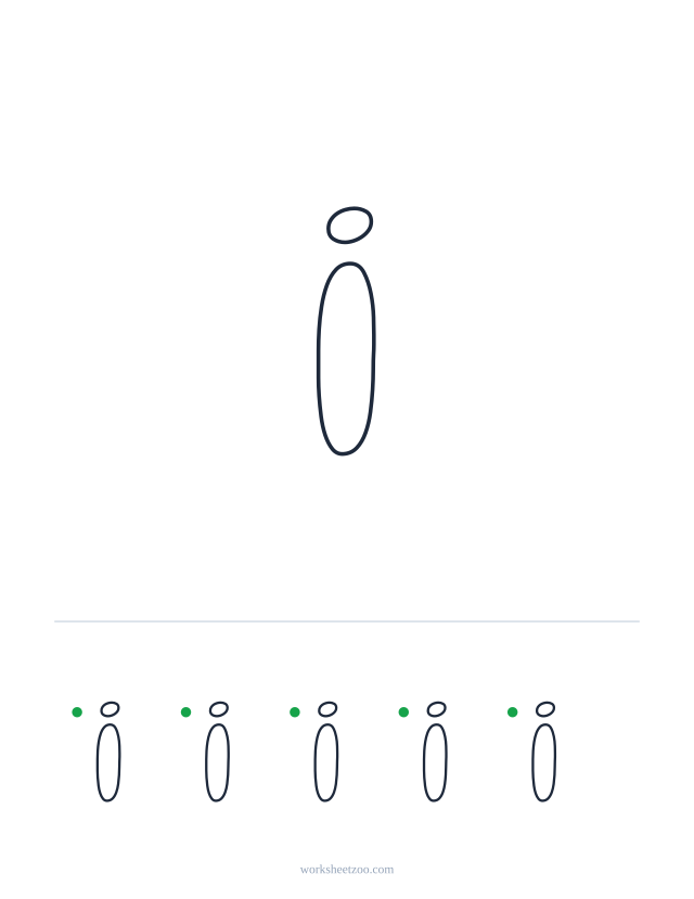Printable lowercase bubble letter i, a big rounded outline letter to colour and trace
