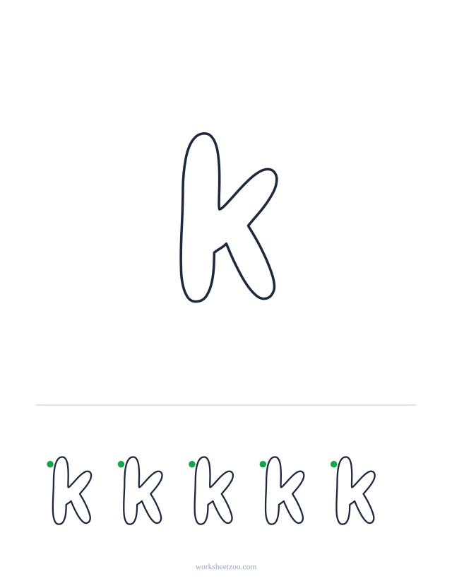Printable lowercase bubble letter k, a big rounded outline letter to colour and trace