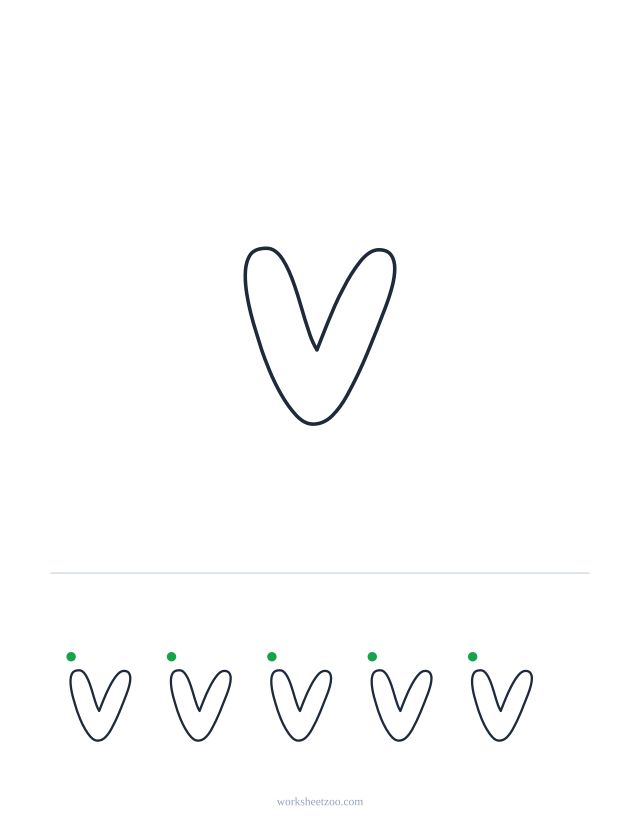 Printable lowercase bubble letter v, a big rounded outline letter to colour and trace