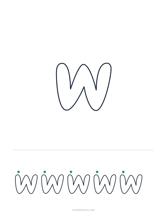 Printable lowercase bubble letter w, a big rounded outline letter to colour and trace