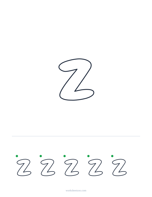 Printable lowercase bubble letter z, a big rounded outline letter to colour and trace