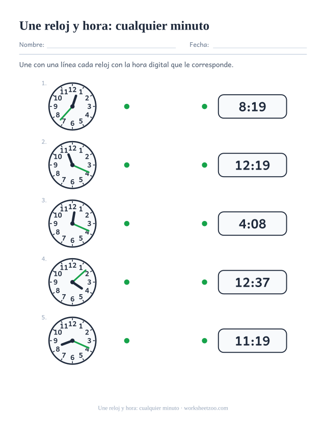 Ficha para unir relojes a cualquier minuto con su hora digital