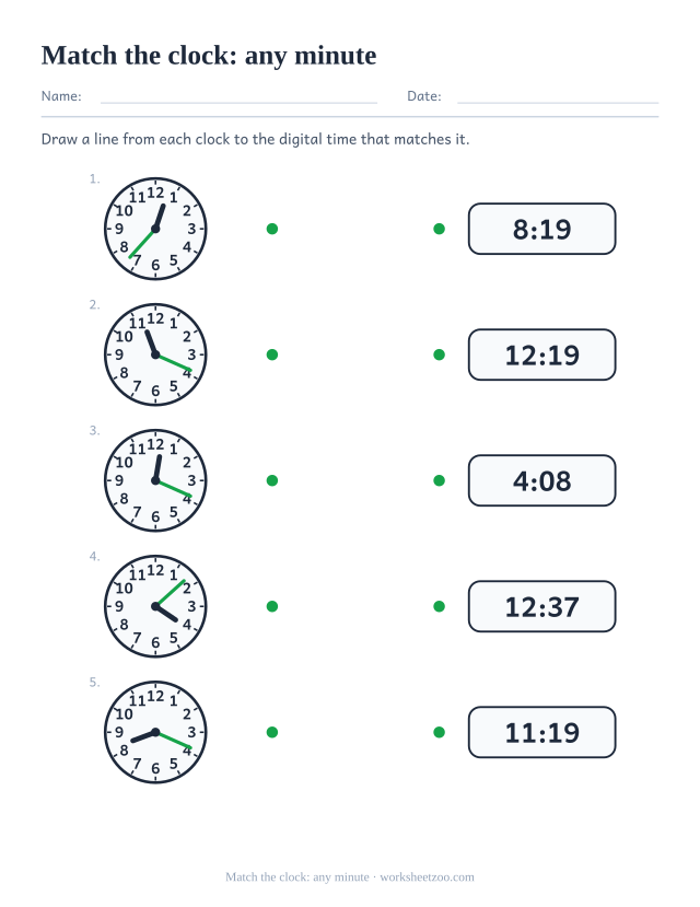 Matching worksheet joining clocks showing any minute to their digital times