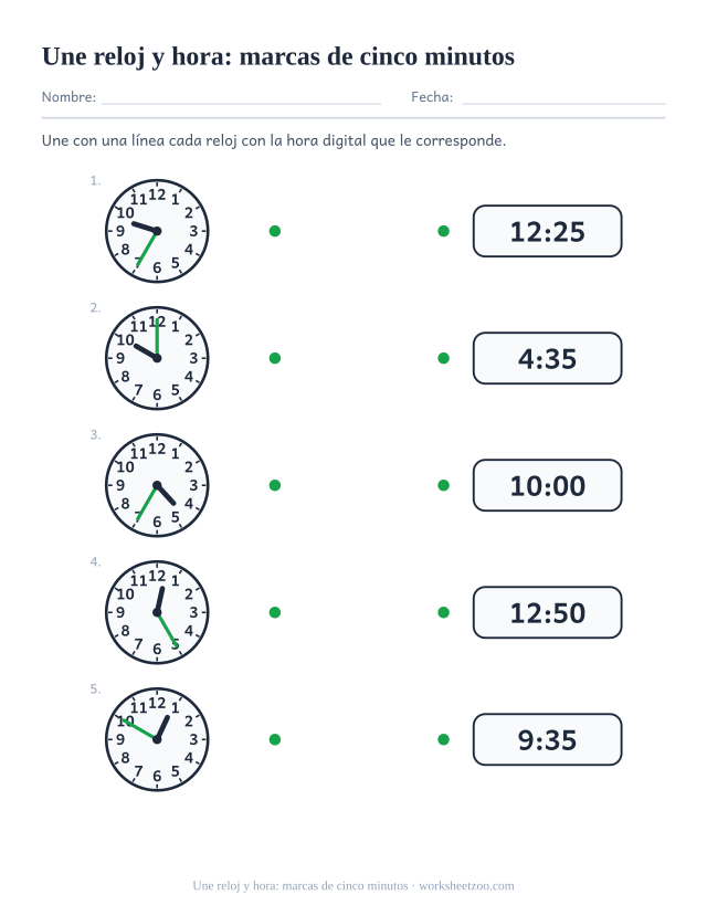 Ficha para unir relojes de agujas con horas digitales en marcas de cinco minutos
