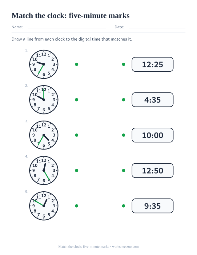 Matching worksheet linking analog clocks to digital times on five-minute marks