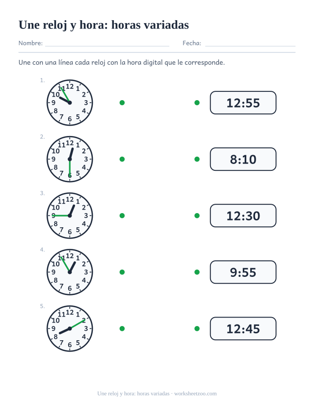 Ficha para unir horas variadas: en punto, cuartos y marcas de cinco minutos