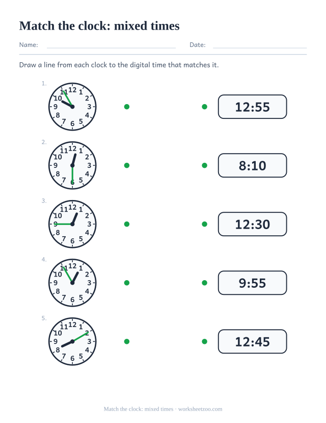 Matching worksheet with a mix of o'clock, quarter and five-minute times to join up