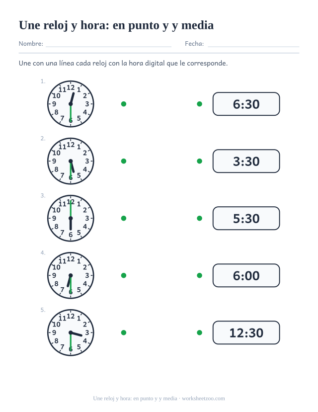 Ficha para unir relojes de agujas con horas digitales en punto y y media