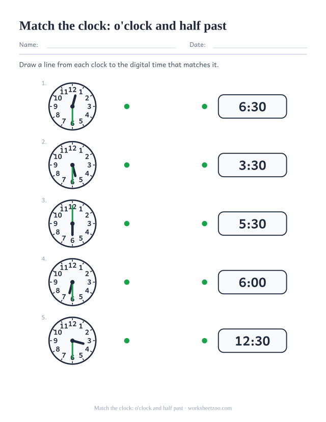 Matching worksheet joining analog clocks to digital times on the hour and half hour
